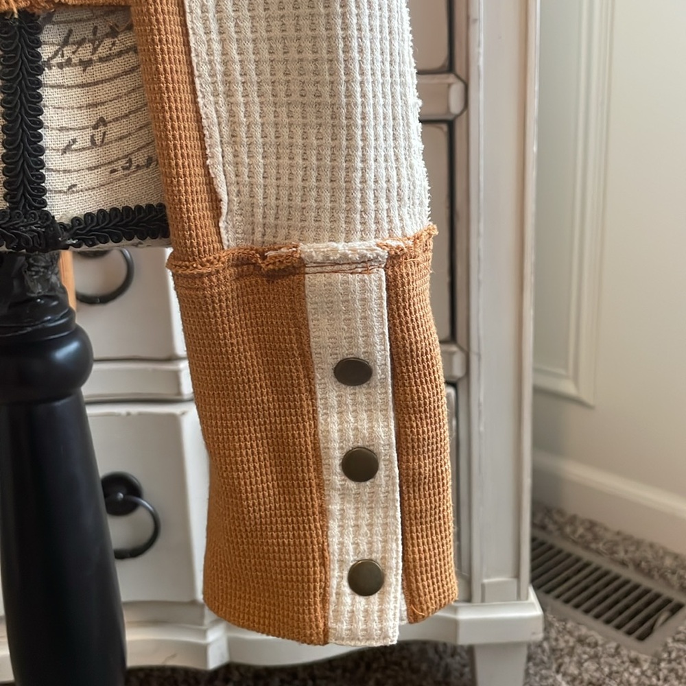 We the Free Free People Tasha Thermal Ochre Combo Waffle Knit Snap Cuff Top - Picture 7 of 12